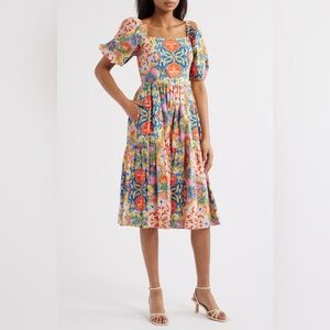 NWT Vince Camuto Plus Multi Bohemian Print Plus Size Puff Sleeve Midi Dress